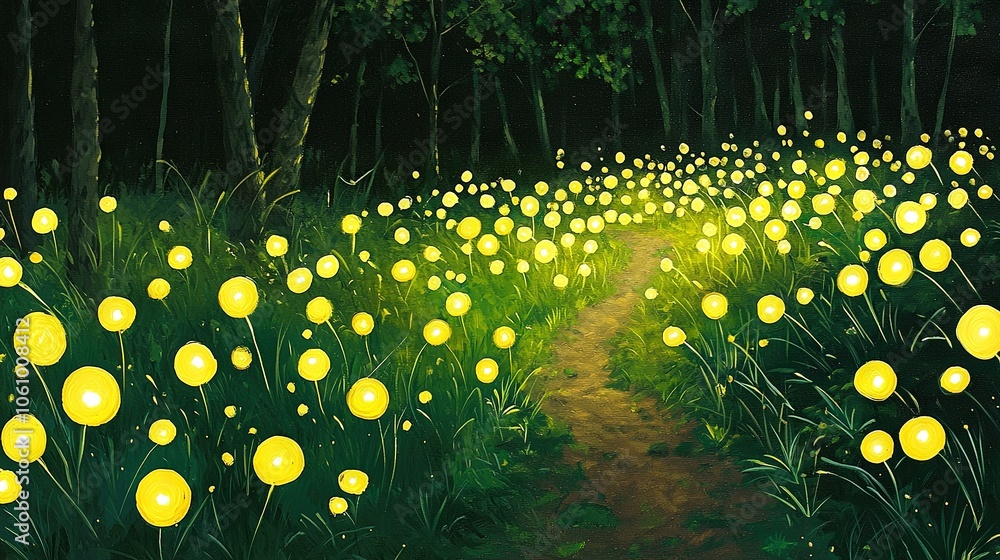 Poster an image of a field of yellow flowers with a lit path dividing it in two