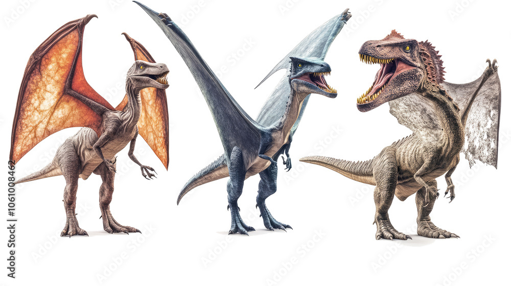 Poster pteranodons and pterodactylus dinosaurs on clear background generative ai