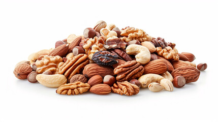 Obraz premium Tasty Nuts: Heap of different tasty nuts isolated on a white background, perfect for snack or health-related content.
