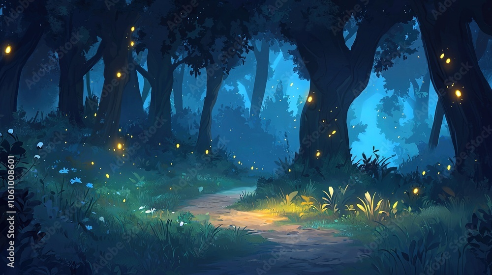 Poster a picture of a forest path illuminated by glowing fireflies in the trees and underfoot at night