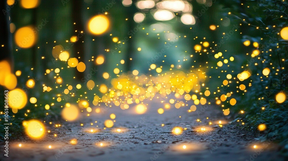 Poster a lit path surrounded by trees in the background