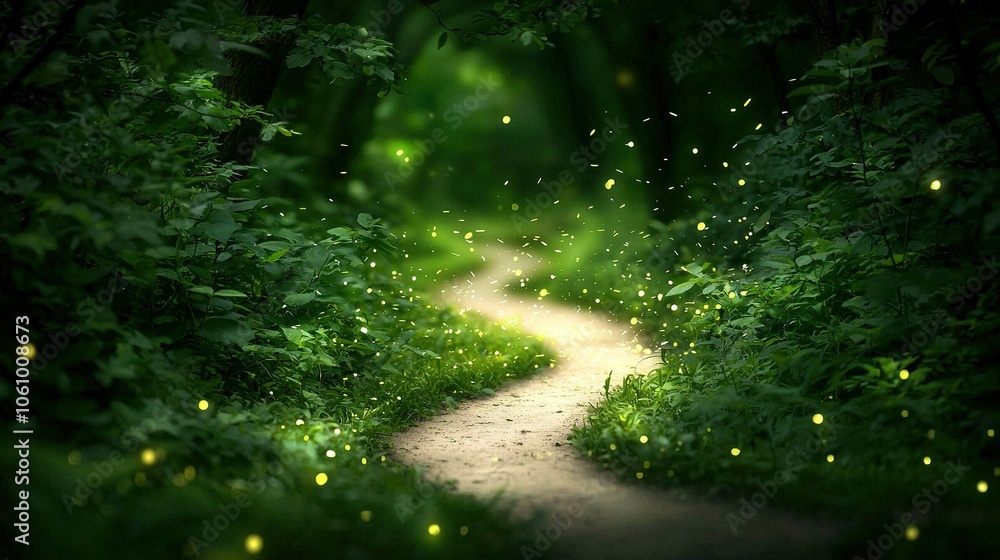 Poster a path through the woods, lined with glowing insects and surrounded by towering trees