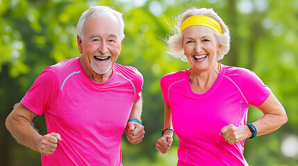 Happy senior couple jogging together outdoors in bright sportswear, concept of active lifestyle, fitness, and healthy aging with positive energy
