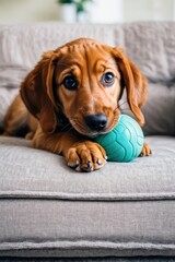 Adorable puppy on a sofa with a chew toy, exuding playful energy and cuteness in a cozy indoor setting. Generative AI