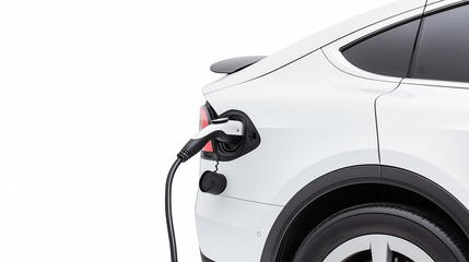 Closeup of electric car charging at station, concept of renewable energy, clean transportation, and sustainable future, white modern vehicle