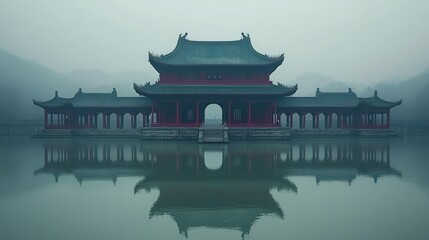 Obraz premium Traditional Chinese temple reflected in still water on a foggy day.