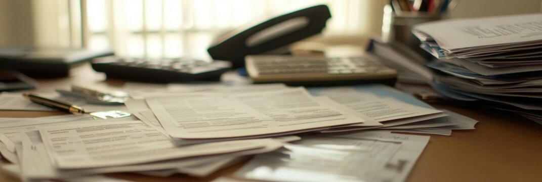 Detailed image of a loan officer desk with property loan applications, credit assessment reports, and an interest rate analysis, capturing the mortgage application process