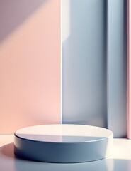 A pastel circular podium with vibrant pink and blue gradient tones,illuminated by soft,diffused light. Clean, modern aesthetic, vibrant colors, and minimalistic design, scene for products.