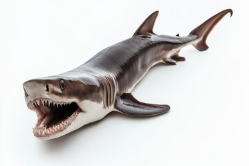 Naklejka premium A Cookiecutter Shark, a small, deep-sea predator with a distinctive bite, is isolated on a white background. Its sharp teeth, dark coloration, and unique body shape make it a fascinating and intimidat