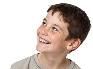 Obraz premium Portrait of a cheerful young boy with freckles and a big smile, isolated on transparent background