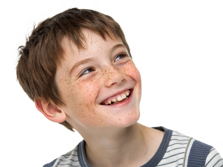 Portrait of a cheerful young boy with freckles and a big smile, isolated on transparent background