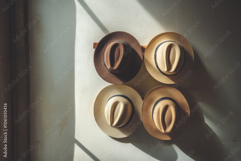 Poster classic fedora hats hang neatly on a wall, illuminated by warm afternoon sunlight, highlighting thei