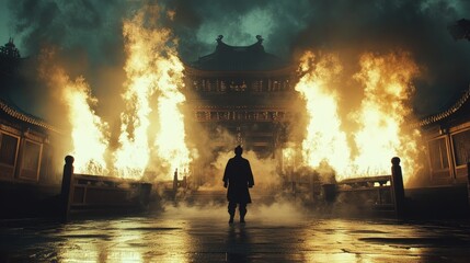 A lone figure stands before a burning temple, engulfed in flames and smoke.