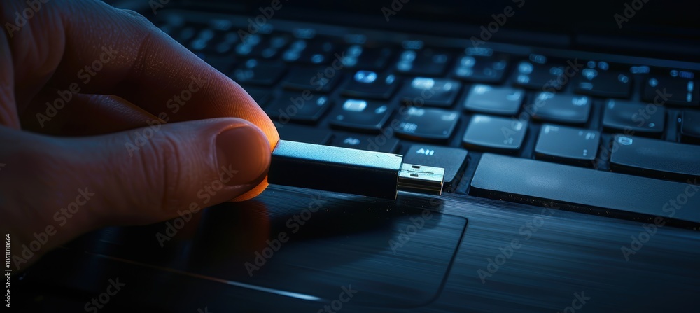 Poster cybersecurity threat concept: hacker hand with usb in dark corporate setting for tech poster