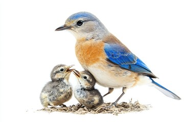 Fototapeta premium A nurturing bluebird mother tenderly feeds her hungry chicks, symbolizing maternal care, family, growth, instinct, and nature's cycle.