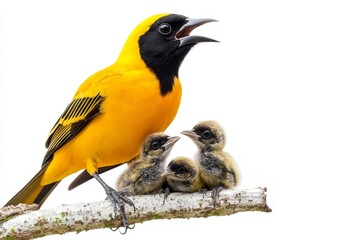 Naklejka premium A beautiful hooded oriole mother bird feeds her chicks, demonstrating the strong bond of motherhood and the fragility of nature. This image symbolizes maternal care, nurturing, growth, new life, and t