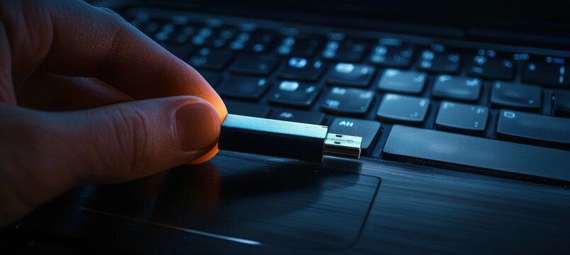 Cybersecurity Threat Concept: Hacker Hand with USB in Dark Corporate Setting for Tech Poster