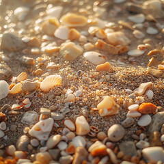Seashells and sand on a beach after the tide recedes