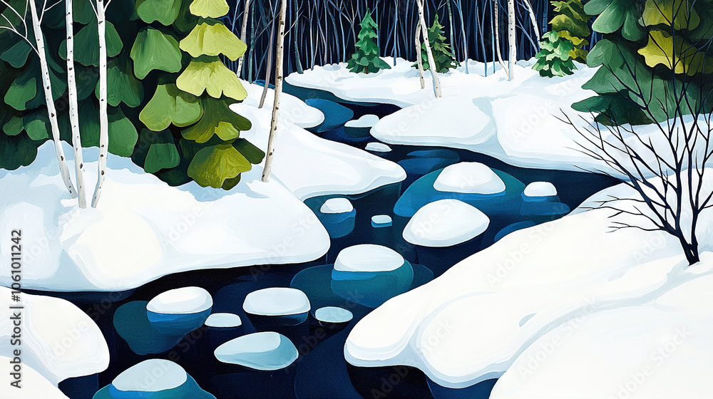 Poster a snow-covered forest with a stream running through it, surrounded by piles of snow