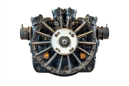 A close-up photo showcasing the intricate details of a rotary Wankel engine. The image captures the engine's complex design, highlighting its unique shape, moving parts, and powerful nature.