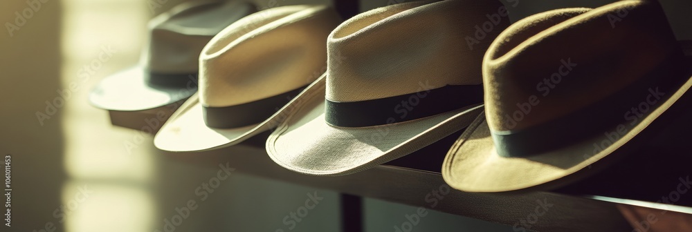 Aufkleber several classic fedora hats rest neatly on a wooden shelf, illuminated by soft sunlight that highlig
