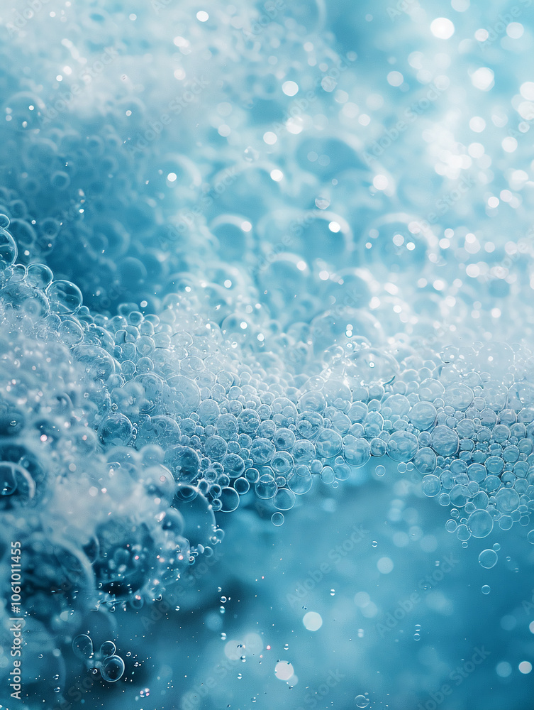 Poster close-up of blue water with many bubbles floating on the surface