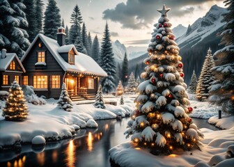 Magical winter snow fall and city lights. blurred background city.