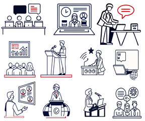  Live webinar icons for web and mobile app. Containing conference, business meeting, classroom, team, interview, conference, work, discussion and more