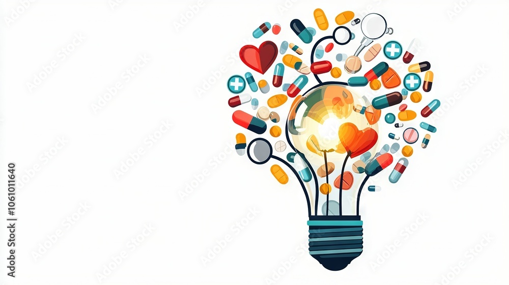 Poster lightbulb with multiple pills exiting its top and bottom