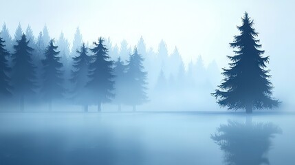 Fototapeta premium A foggy day reflects trees in a body of water surrounded by trees