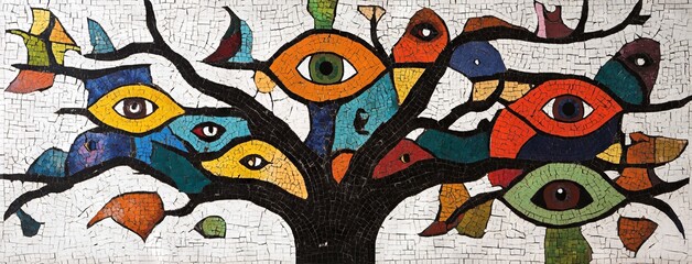 Obraz premium Abstract Mosaic Tree with Faces and Eyes. AI generated illustration