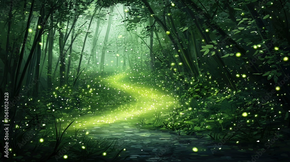 Poster a forest path with fireflies emerging from trees on both sides is depicted in this painting