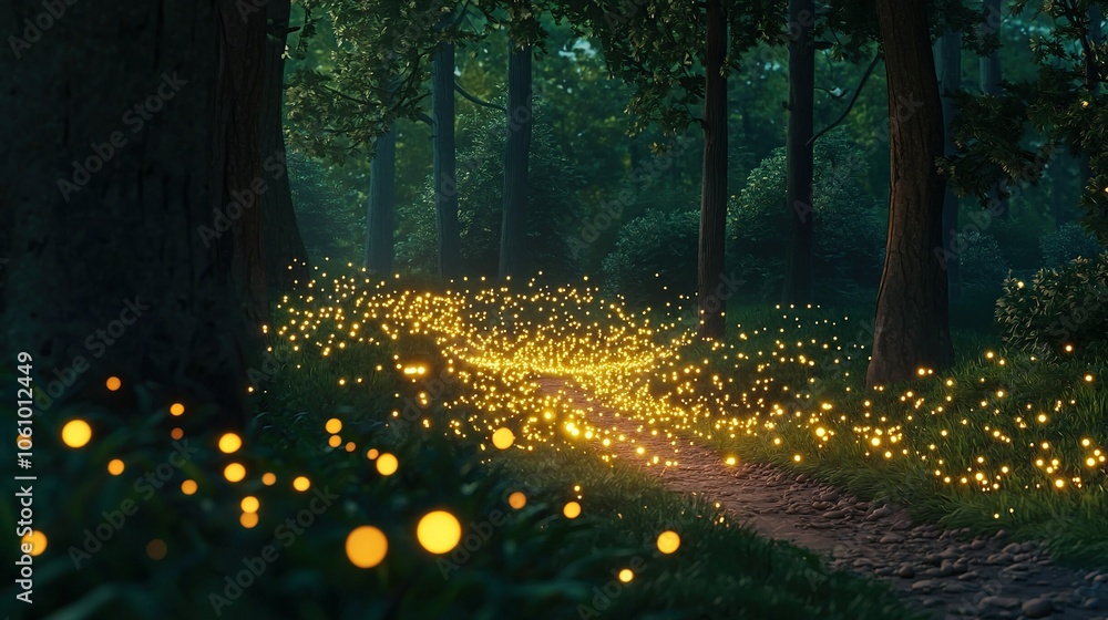 Poster path in a forest surrounded by trees and lit up with glowing ground lights