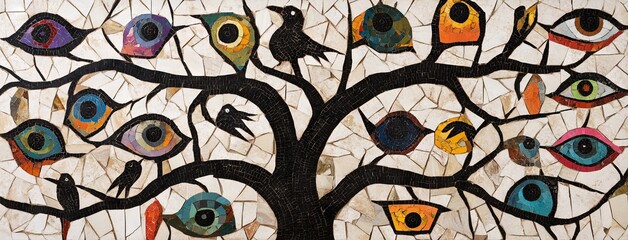 Abstract Mosaic Tree with Faces and Eyes. AI generated illustration