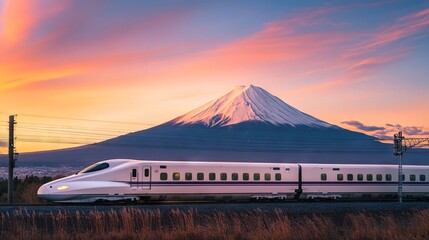 N700 Shinkansen Bullet Train with Mount Fuji at Sunset. AI generated illustration