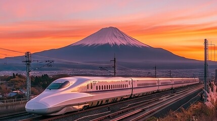 N700 Shinkansen Bullet Train with Mount Fuji at Sunset. AI generated illustration