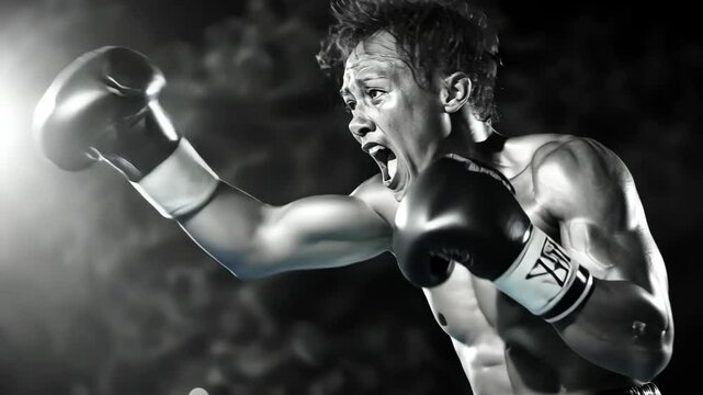 A boxer throws a powerful punch during a match, his face contorted in concentration