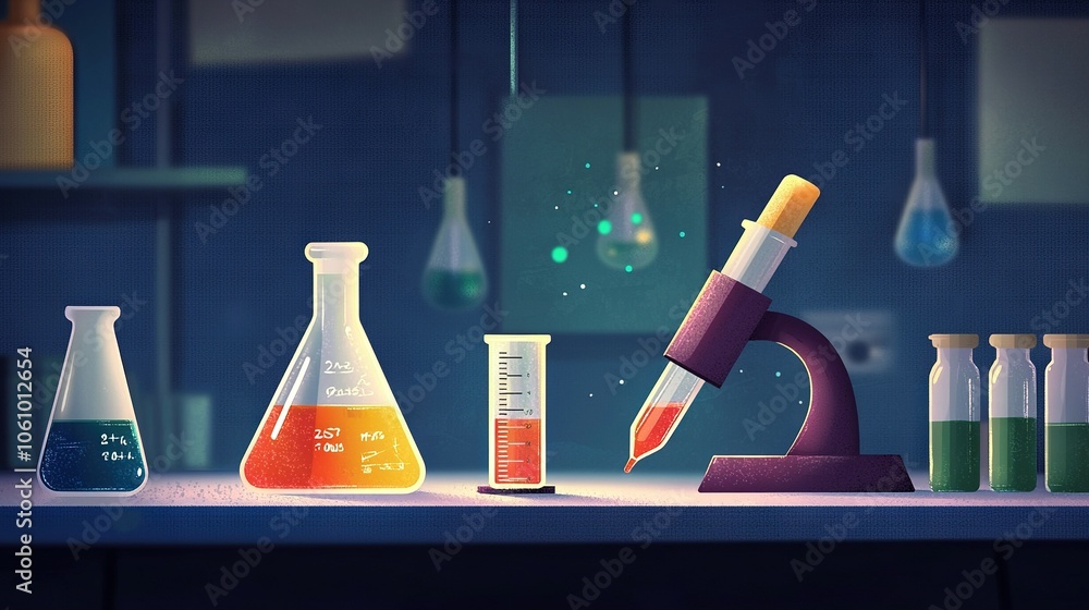 Poster a table topped with flasks filled with liquid