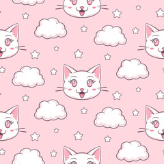 Kawaii little cats on pink background with white clouds and stars. Vector seamless pattern.