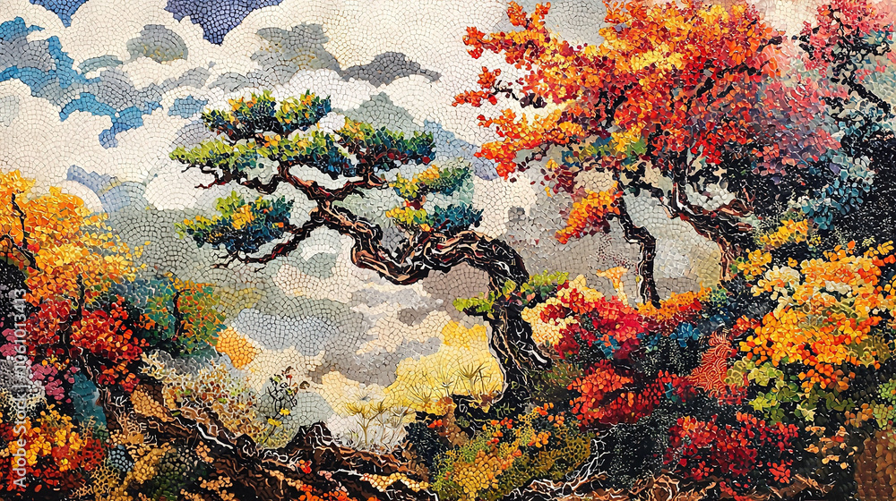 Poster a painting of trees in a forest with clouds in the sky and a full moon above them