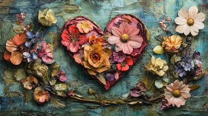 Colorful Floral Heart Composition on Textured Background