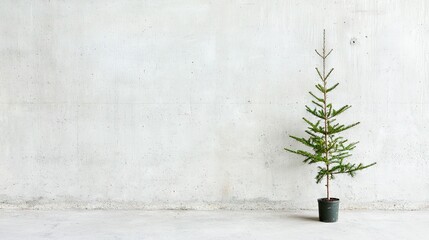   A small pine tree in a black pot on a concrete floor next to a white wall with a gray backdrop