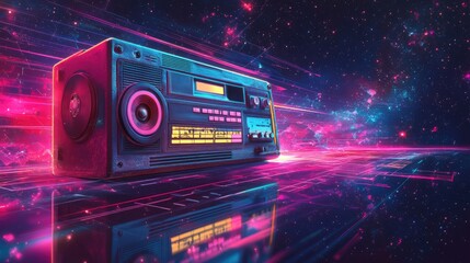 Fototapeta premium Retro-Futuristic Boombox in a Neon Galaxy Backdrop with Digital Elements and Cosmic Vibes