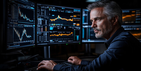 Focused Financial Analyst Observing Stock Market Trends: Man Analyzing Multiple Monitors Displaying Charts And Graphs In A Professional Office Setting