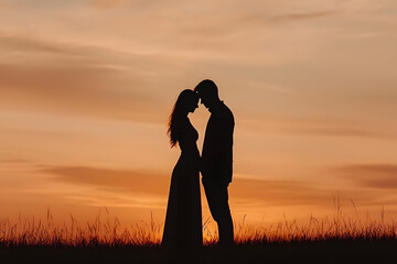 A beautiful sunset scene captures the silhouette of a couple standing close together, embracing the serene and romantic ambiance of the moment