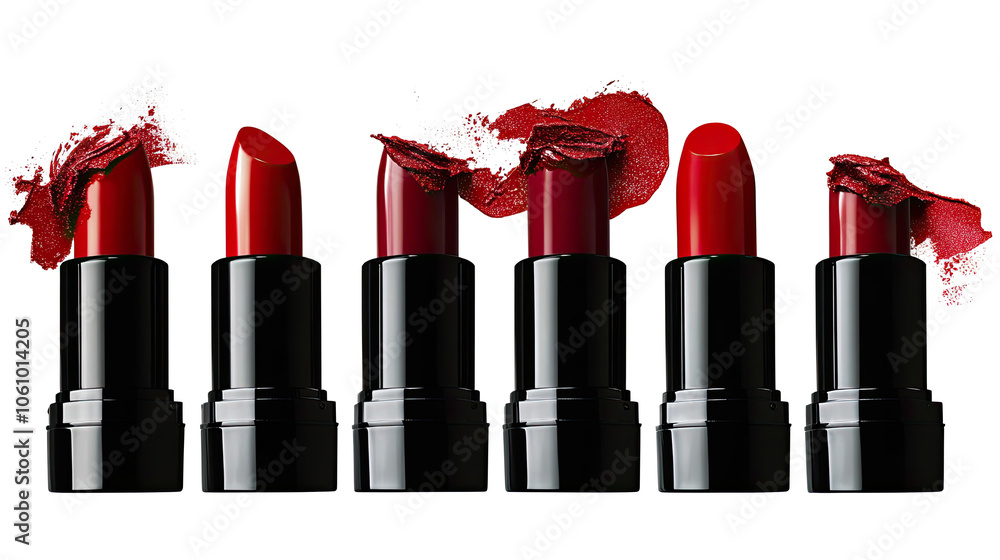Poster elegant collection of red lipsticks on a transparent backdrop generative ai