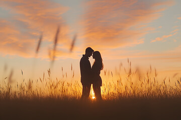 A beautiful sunset scene captures the silhouette of a couple standing close together, embracing the serene and romantic ambiance of the moment