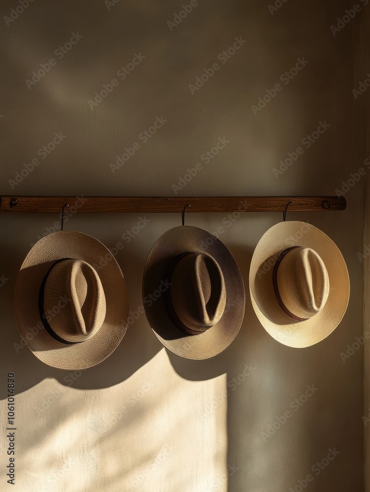 Aufkleber three distinct fedoras hang from a wooden rack in a warm, softly lit space, showcasing their elegant