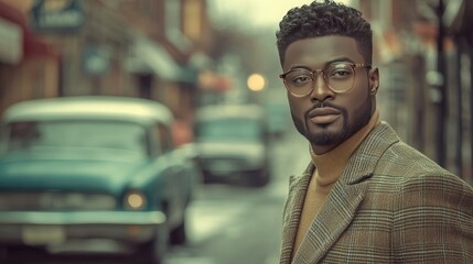 Fototapeta premium Stylish Young Man in Urban Setting with Vintage Cars