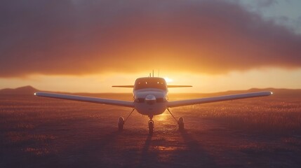 Light Aircraft at Sunset in Glowing Sky at Serene Grassfield